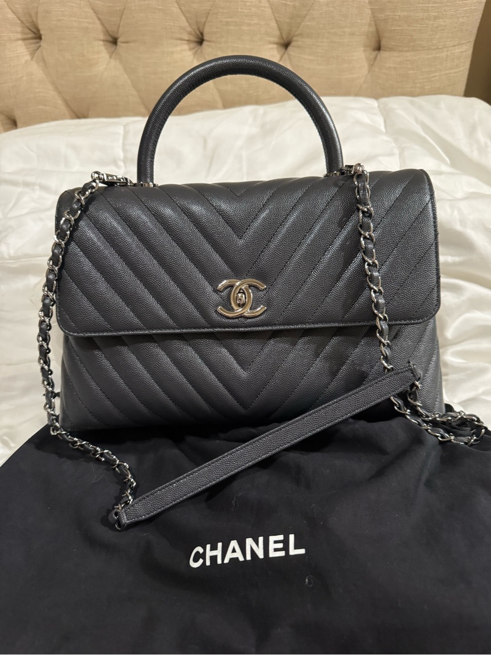 CHANEL Chevron Top Handle Satchel in Dark Gray with Silver Hardware